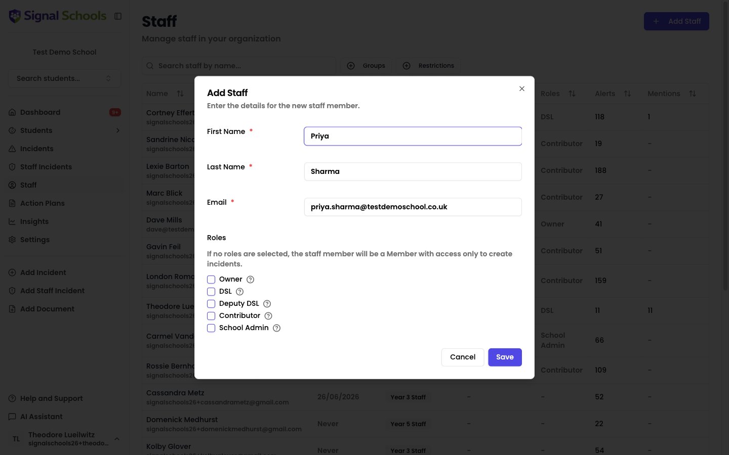The Add Staff form with first name, last name, email, and role checkboxes for Owner, DSL, Deputy DSL, Contributor, and School Admin