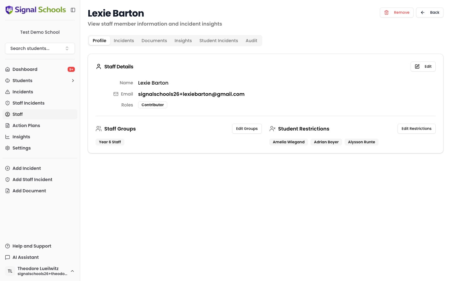 A staff member's profile page showing Staff Details, Staff Groups, and Student Restrictions with the Profile, Incidents, Documents, Insights, Student Incidents, and Audit tabs