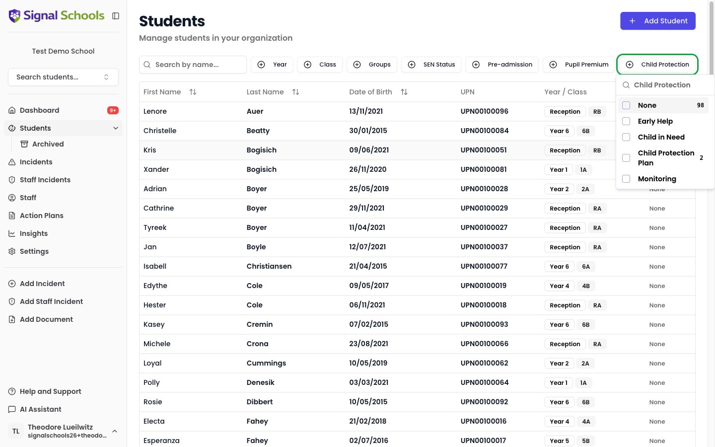 The Students page with the Child Protection filter open, listing None, Early Help, Child in Need, Child Protection Plan, and Monitoring