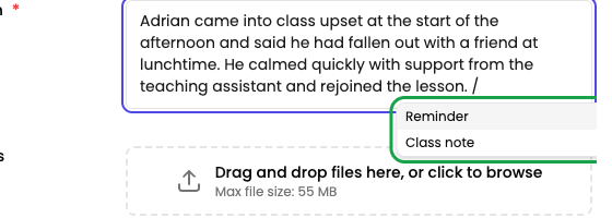 The slash command menu open in an incident description, showing the Reminder and Class note options
