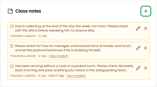 The Class notes card on a student profile showing three live notes, with the button to write a new one highlighted