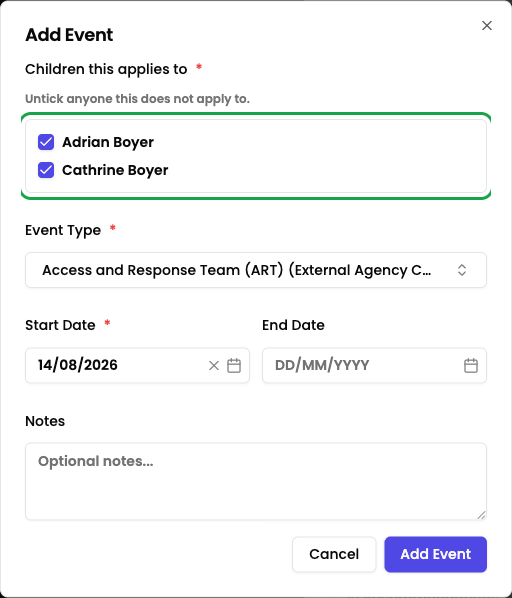 The Add Event dialog on a two-child incident, with the "Children this applies to" checkbox list highlighted