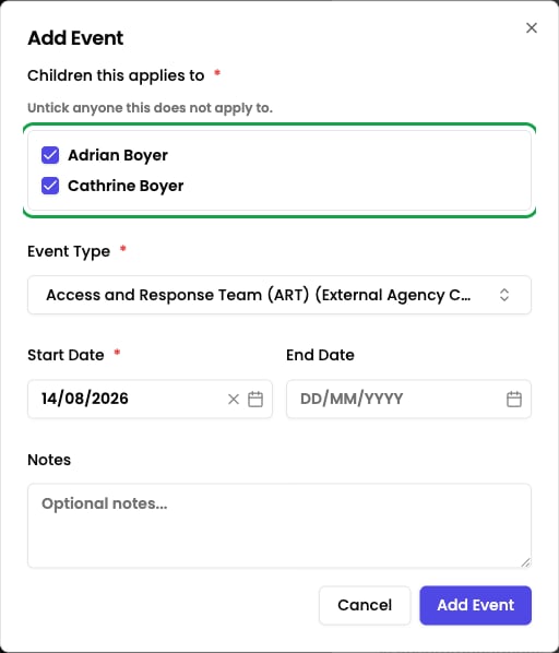 The Add Event dialog on a two-child incident, with the "Children this applies to" checkbox list highlighted