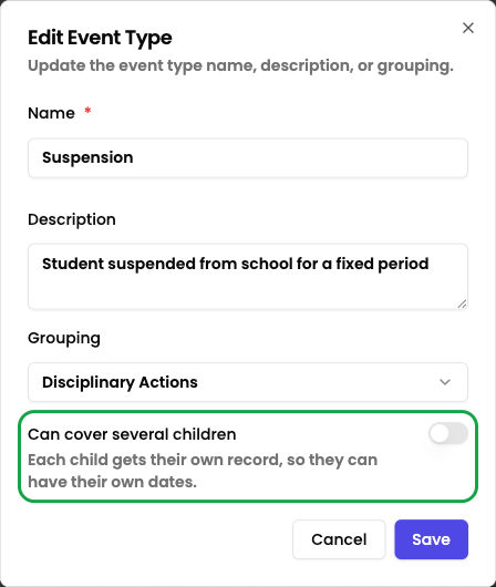The Edit event type dialog for Suspension, with the "Can cover several children" switch turned off and its helper text highlighted