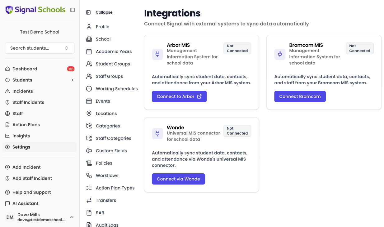 The Integrations settings page showing Arbor MIS, Bromcom MIS, and Wonde connectors with Connect buttons