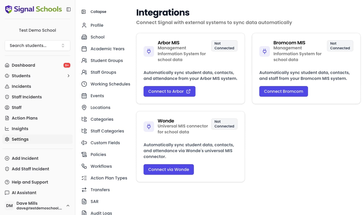 The Integrations settings page showing Arbor MIS, Bromcom MIS, and Wonde connectors with Connect buttons