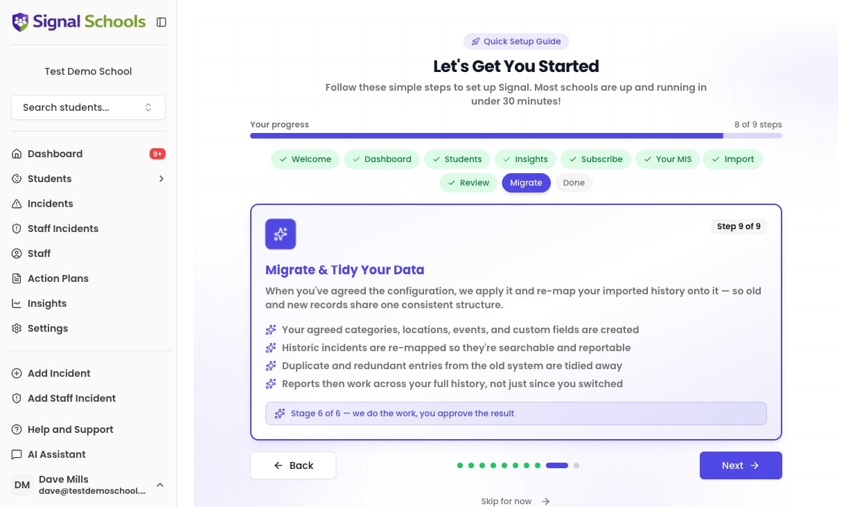 The Signal setup guide showing the onboarding stages, with the Migrate and Tidy Your Data stage open