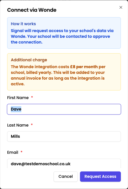 The Connect via Wonde dialog showing how the request works, the £8 per month charge notice, and the contact detail fields