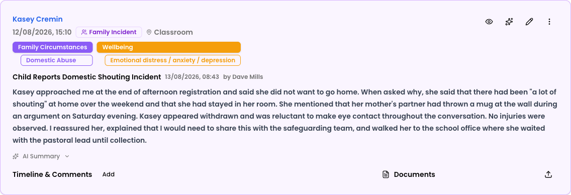A saved incident showing the student, categories, AI-generated title, description, and the AI Summary section