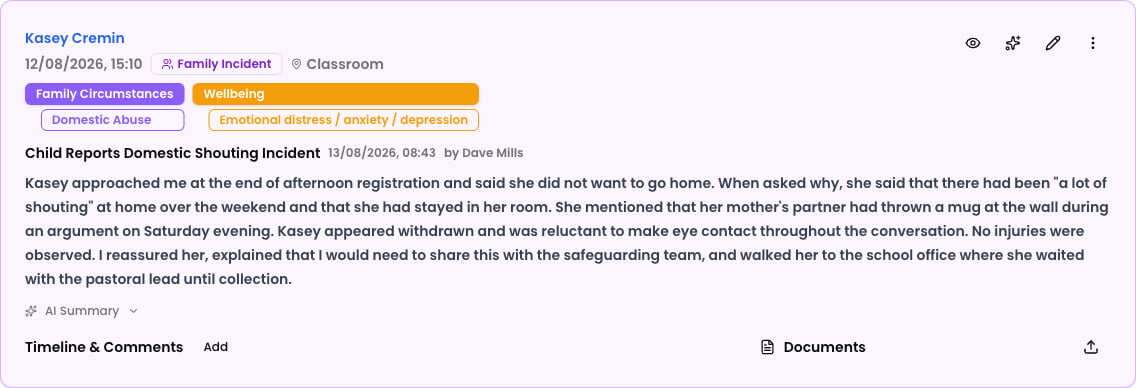 A saved incident showing the student, categories, AI-generated title, description, and the AI Summary section