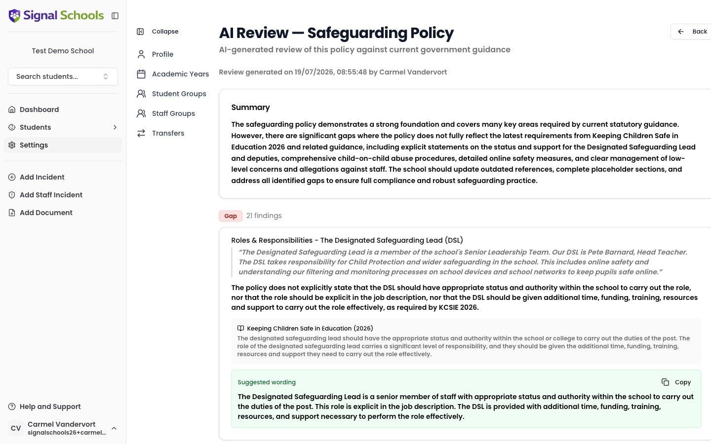 AI review report showing the summary card and a Gap finding with citation and suggested wording
