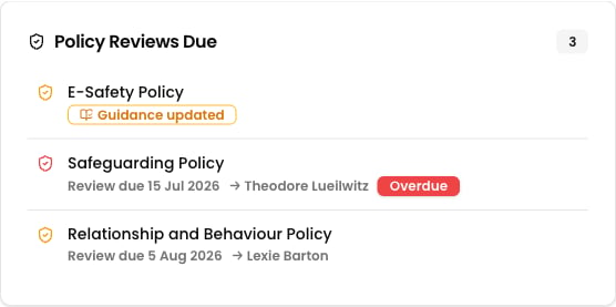 Dashboard Policy Reviews Due section listing policies with review dates and owner names