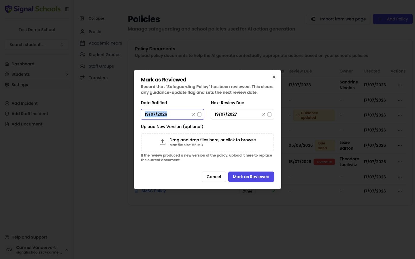 Mark as Reviewed dialog showing Date Ratified, Next Review Due, and the optional Upload New Version field