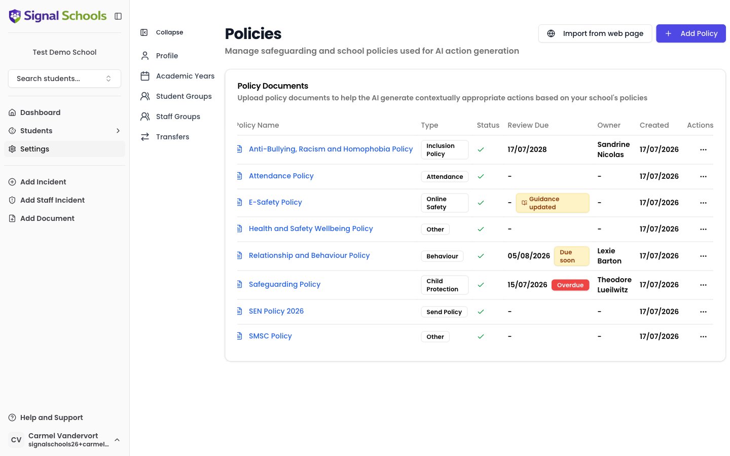 Policies list in Settings showing uploaded policies with their Policy Type, review dates, and owner