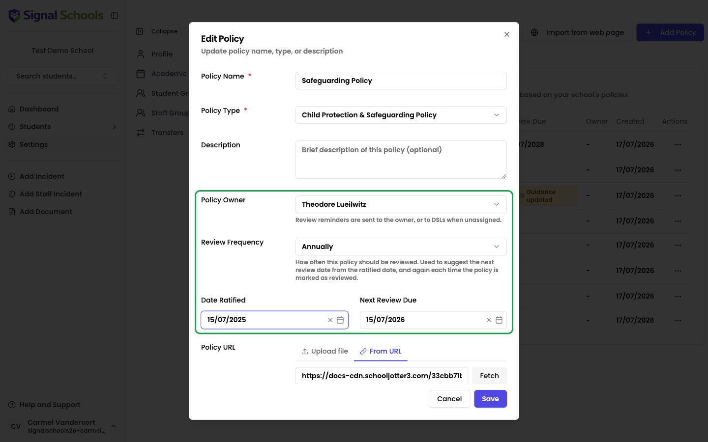Edit Policy dialog showing the Policy Owner, Review Frequency, Date Ratified, and Next Review Due fields