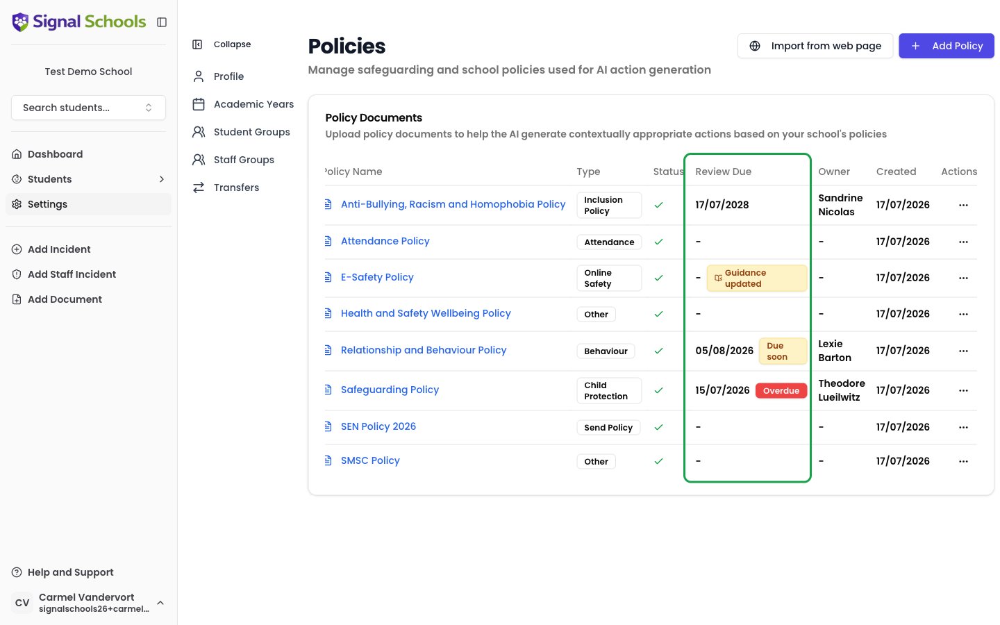Policies list showing the Review Due column with Overdue, Due soon, and Guidance updated badges