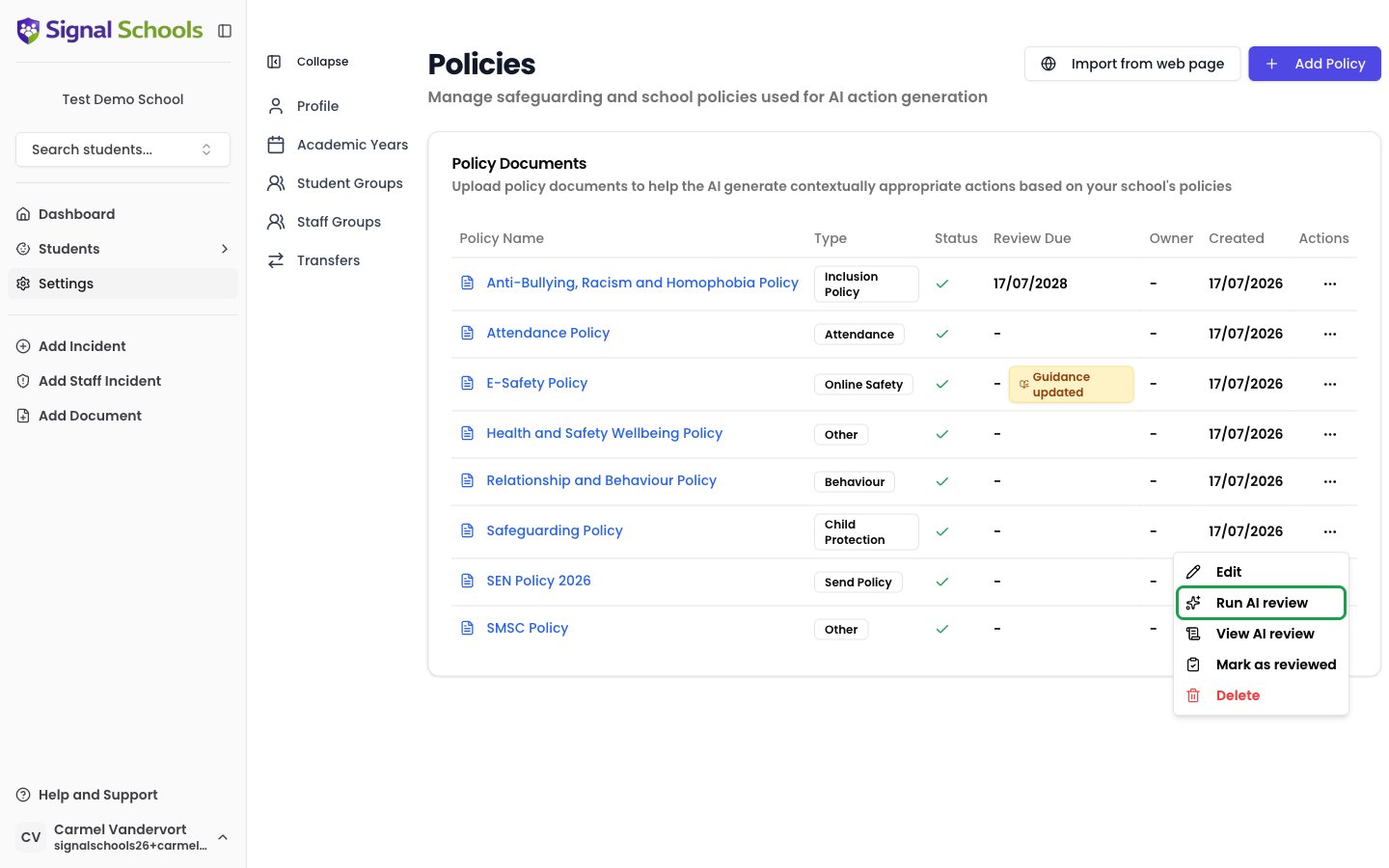 Policies list actions menu with Run AI review highlighted