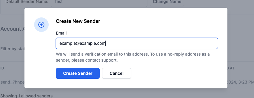 New sender dialog