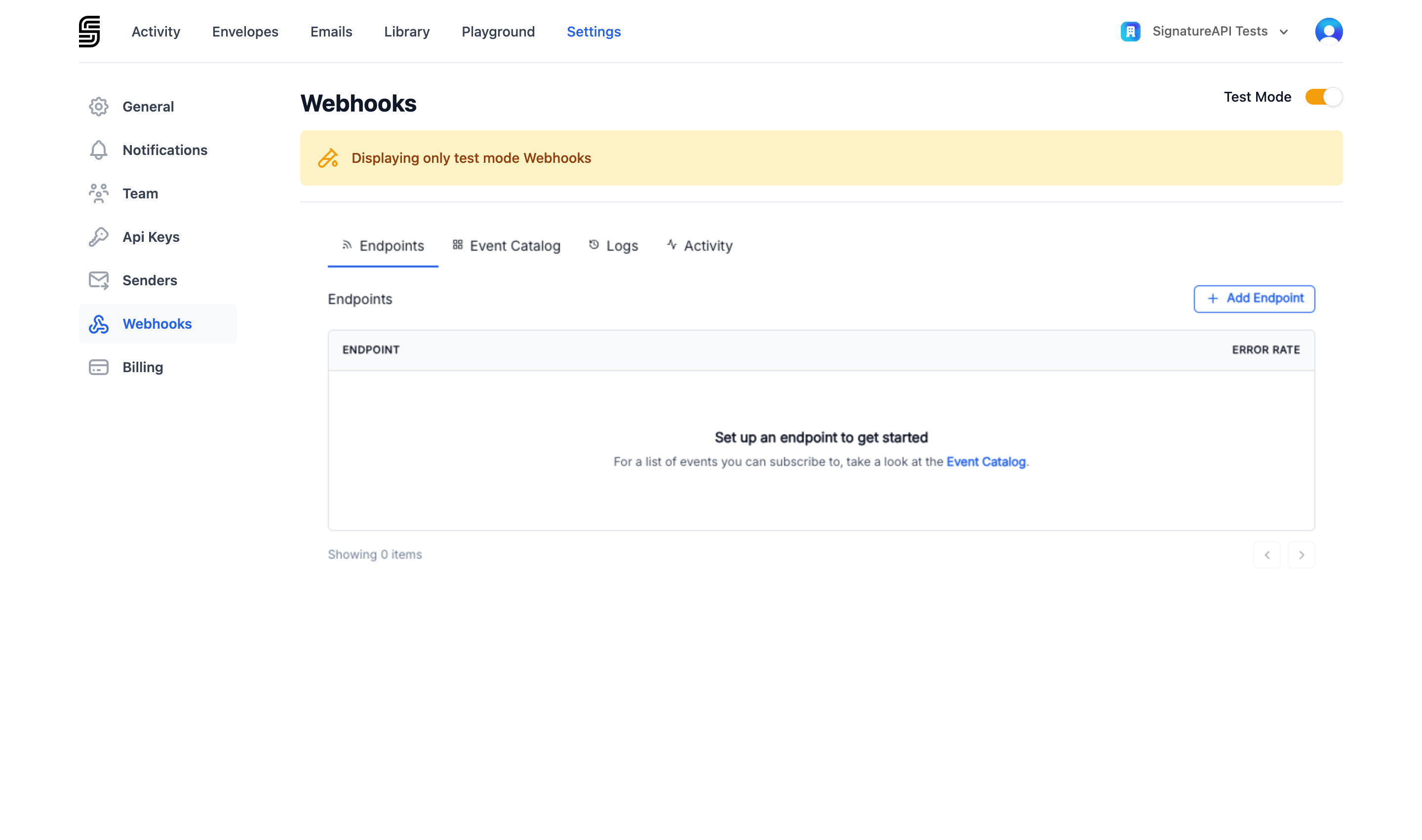 Webhooks settings page