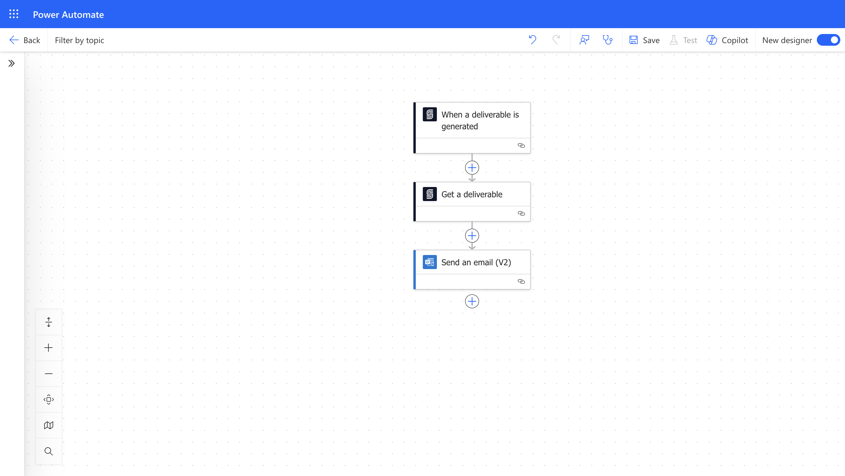 Complete Power Automate flow showing the trigger, get deliverable action, and send email action
