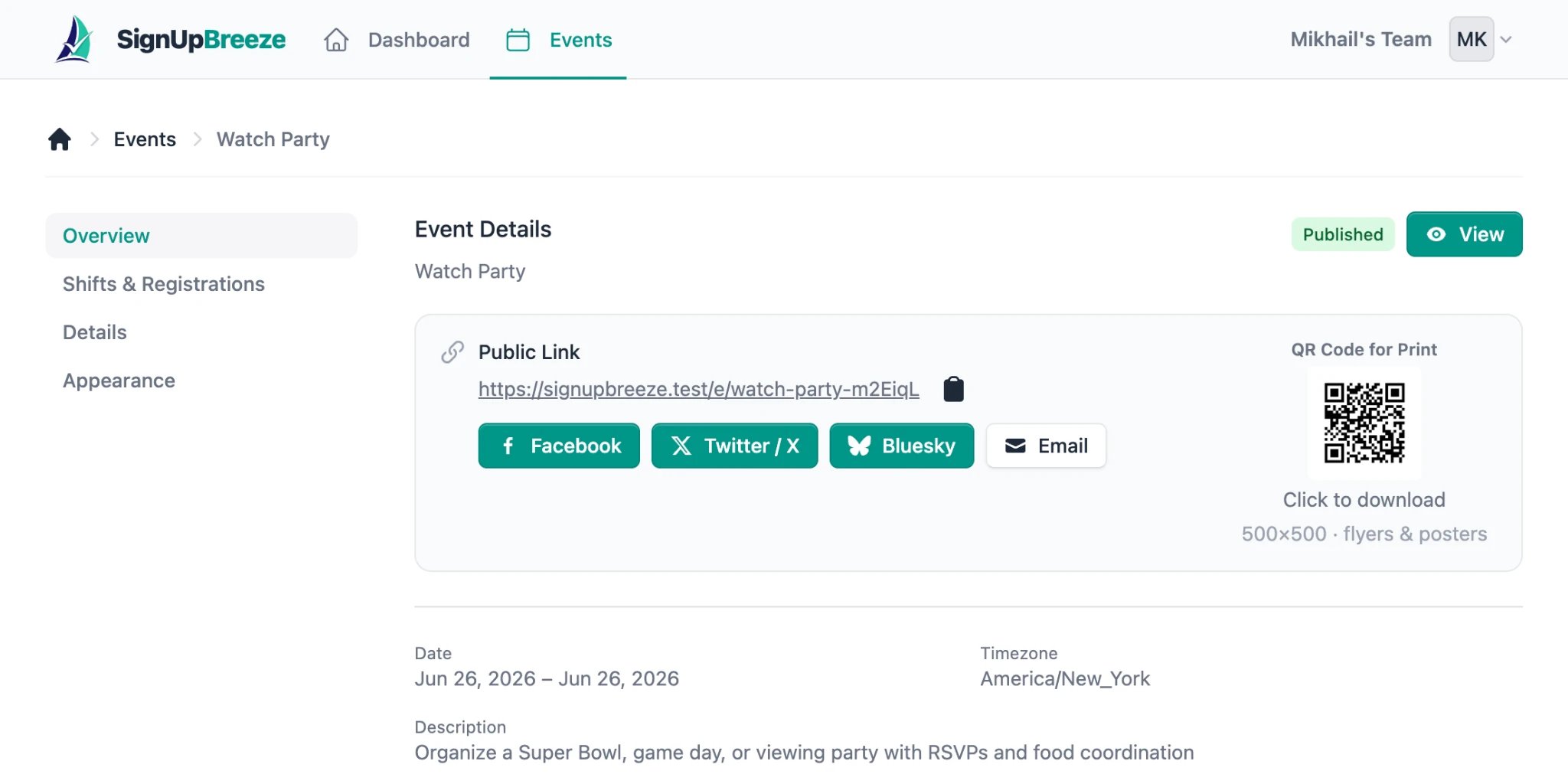 Event Overview showing public link, social sharing buttons, QR code, and event summary