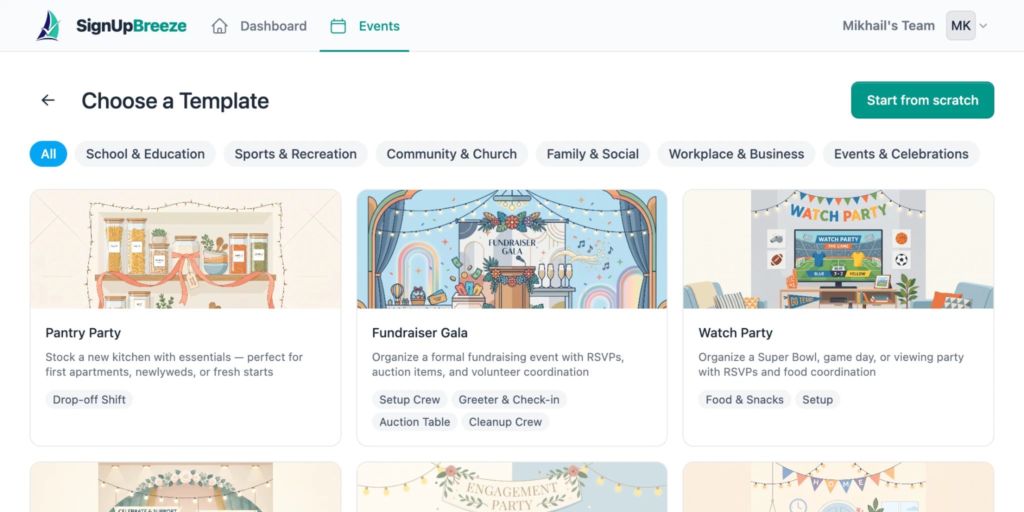 Template picker showing event templates organized by category