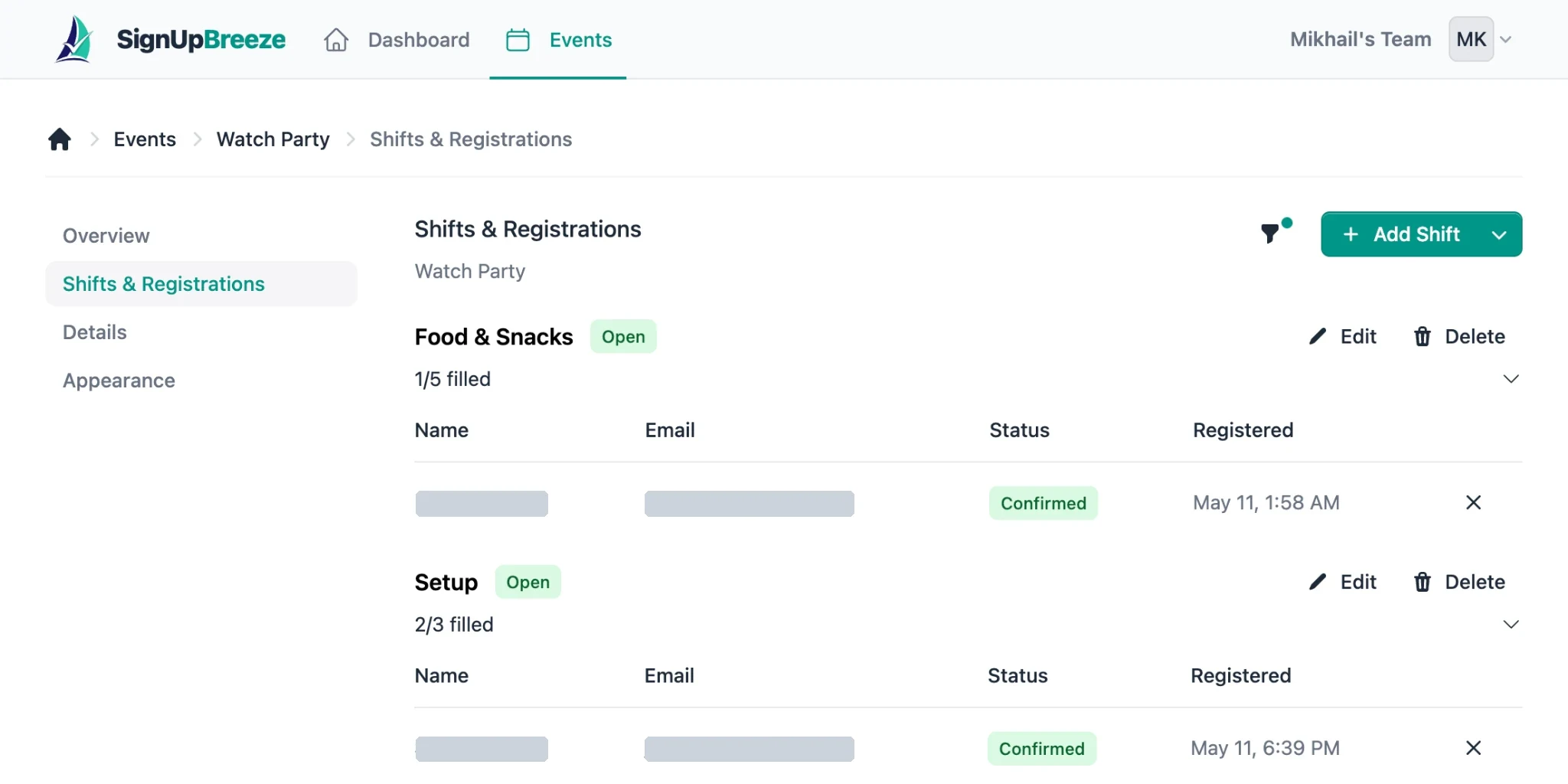 Shifts and Registrations page showing shift names, status badges, fill counts, and registration tables