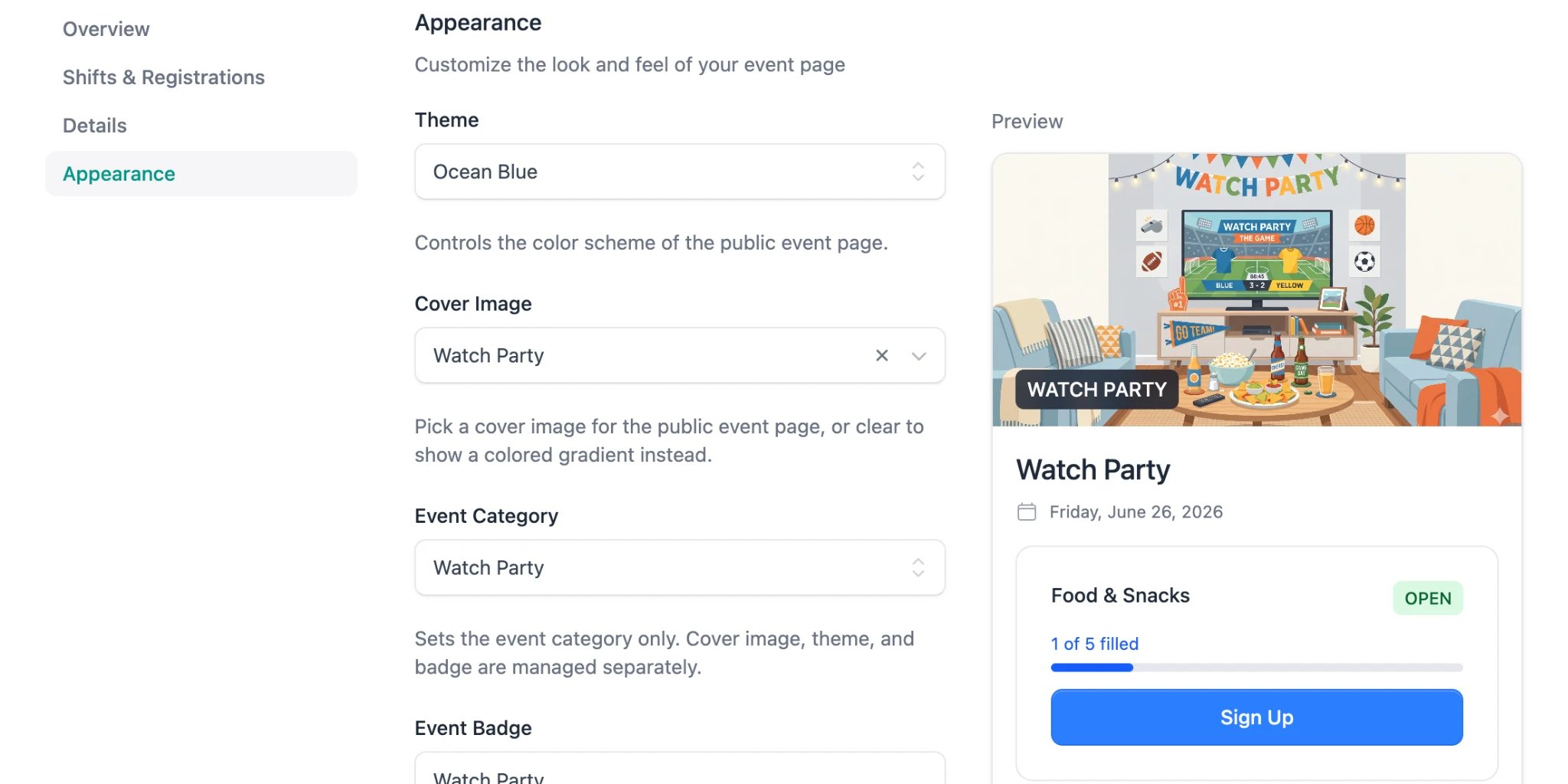 Appearance settings showing theme, cover image, category, badge, and a live preview