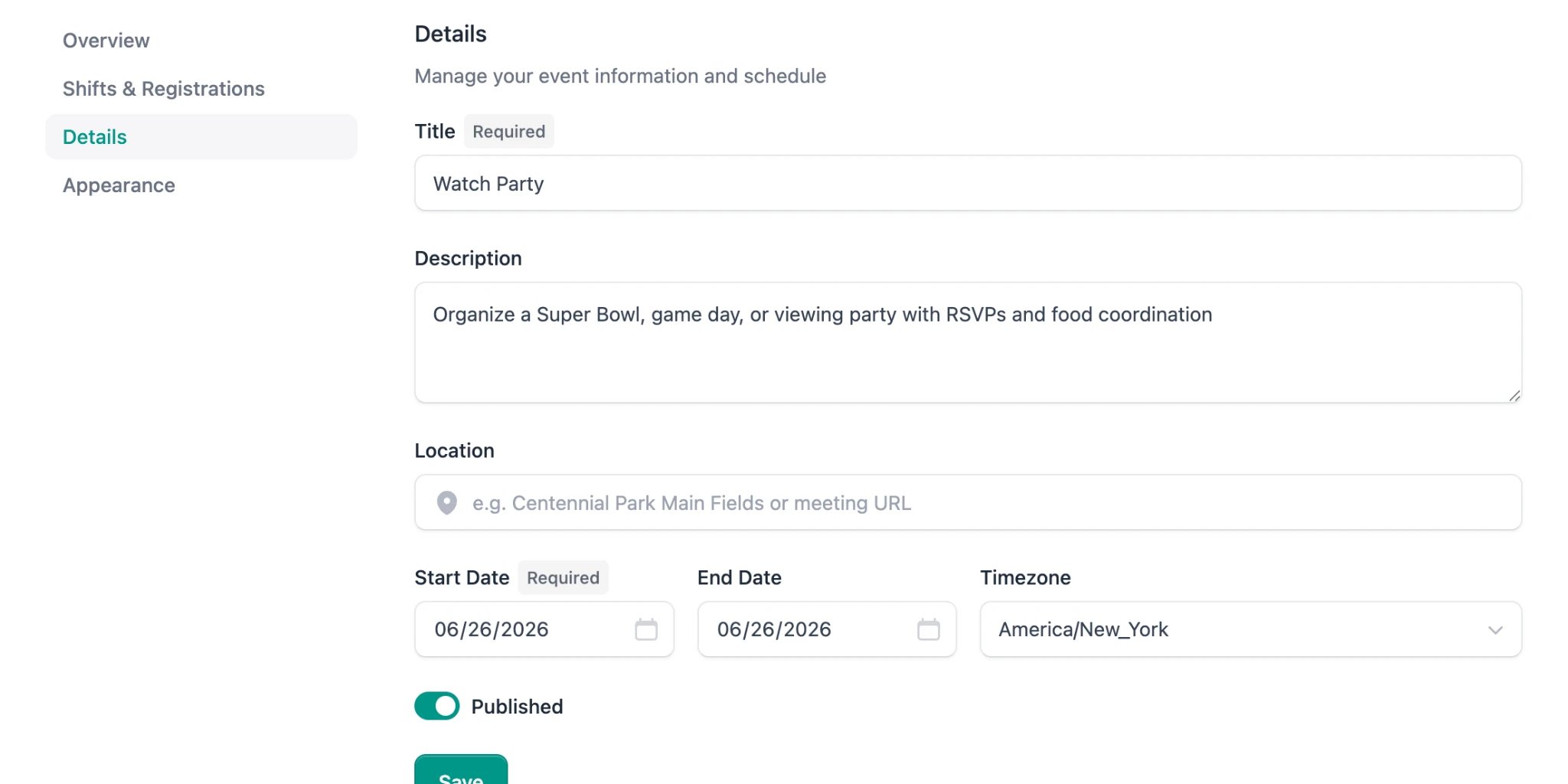 Event Details form showing title, description, location, dates, timezone, and publish toggle