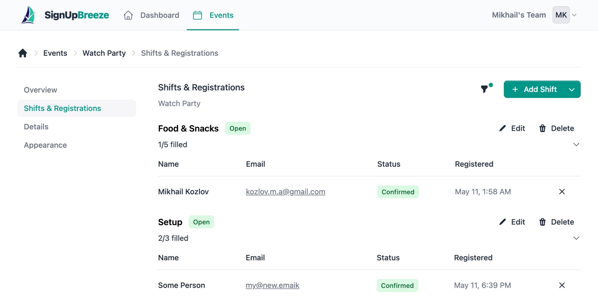 Shifts and Registrations page showing shift names, status badges, fill counts, and registration tables