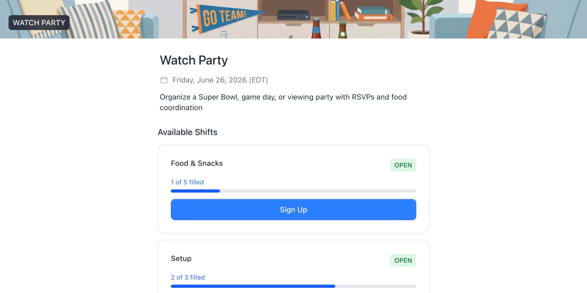 Public event page showing cover image, event details, and available shifts with Sign Up buttons