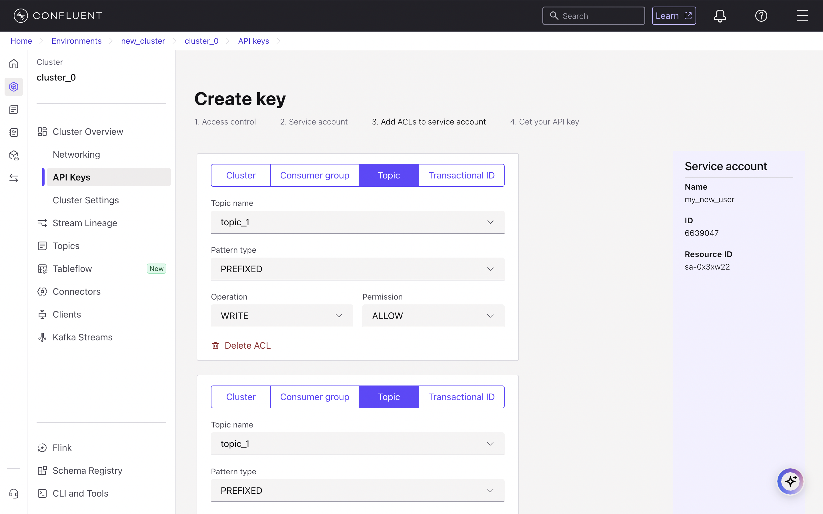 Confluent Cloud ACL configuration screen