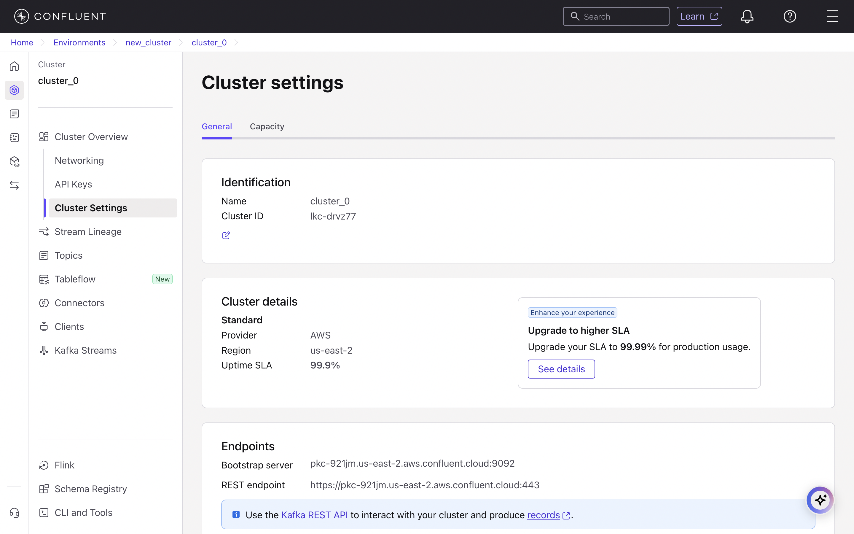 Confluent Cloud Cluster settings showing Bootstrap server address