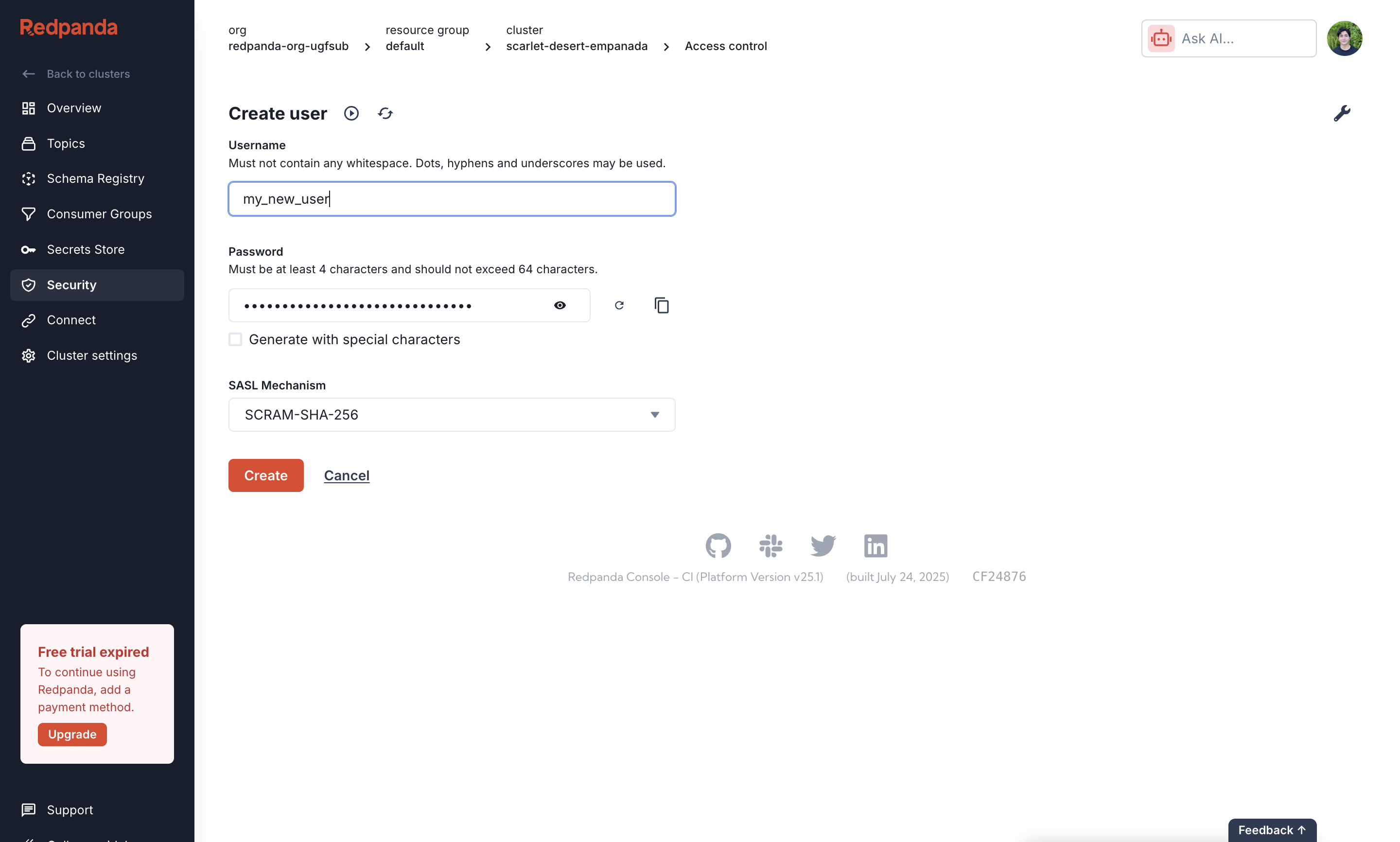 Redpanda Cloud ACL creation dialog showing user and topic permissions