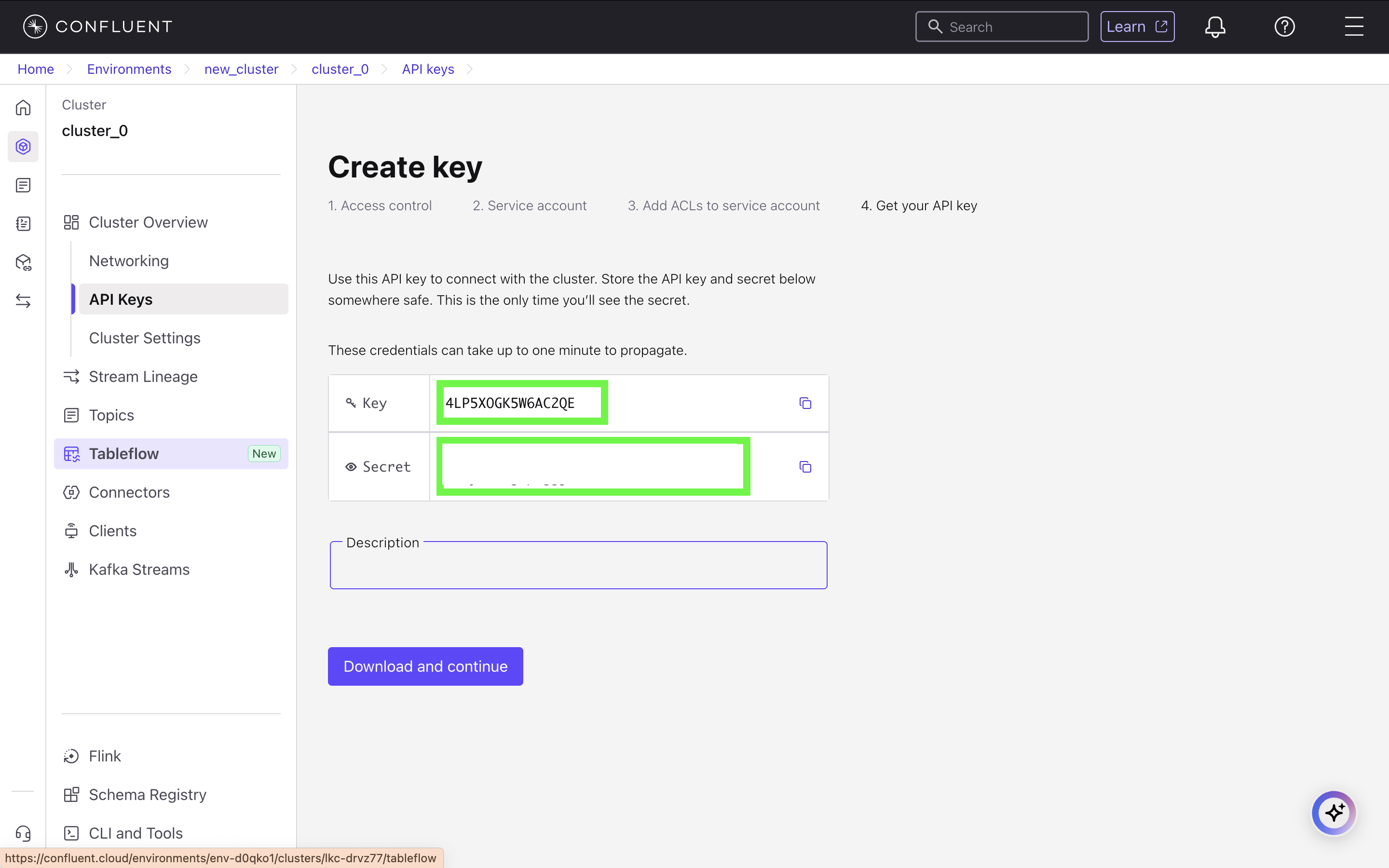 Confluent Cloud screen showing the generated API Key and Secret