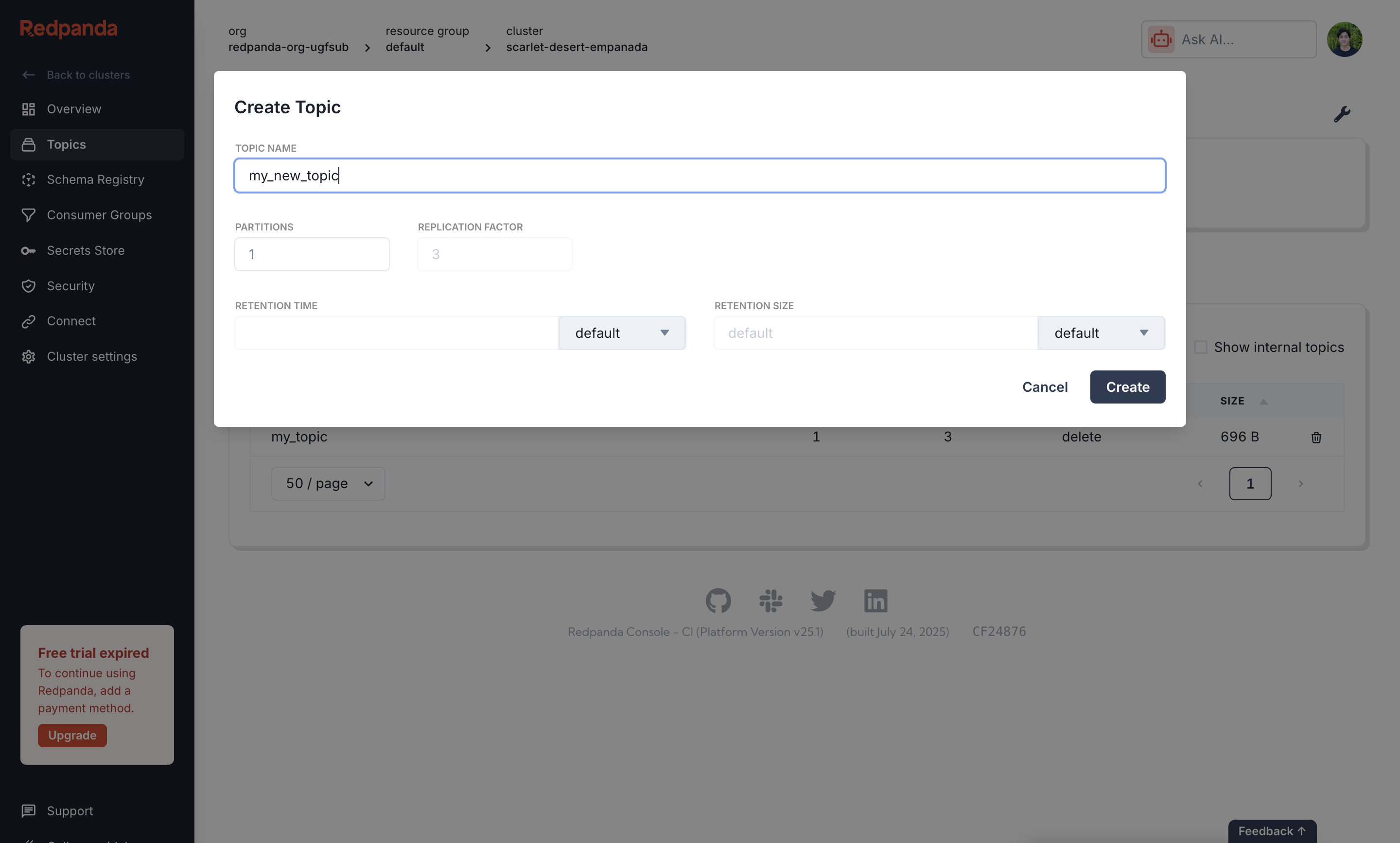 Redpanda Cloud Create topic dialog