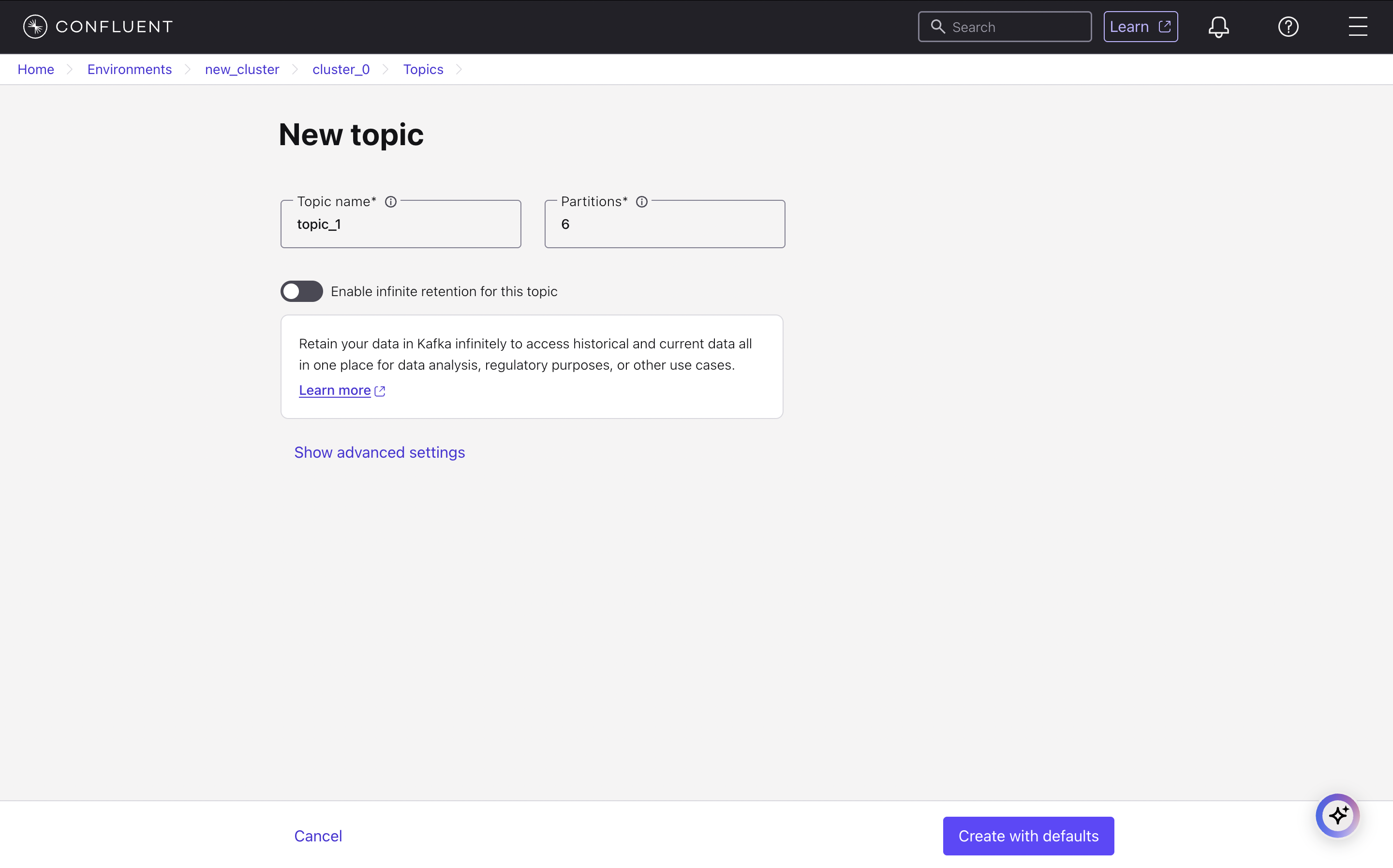 Confluent Cloud New topic creation dialog