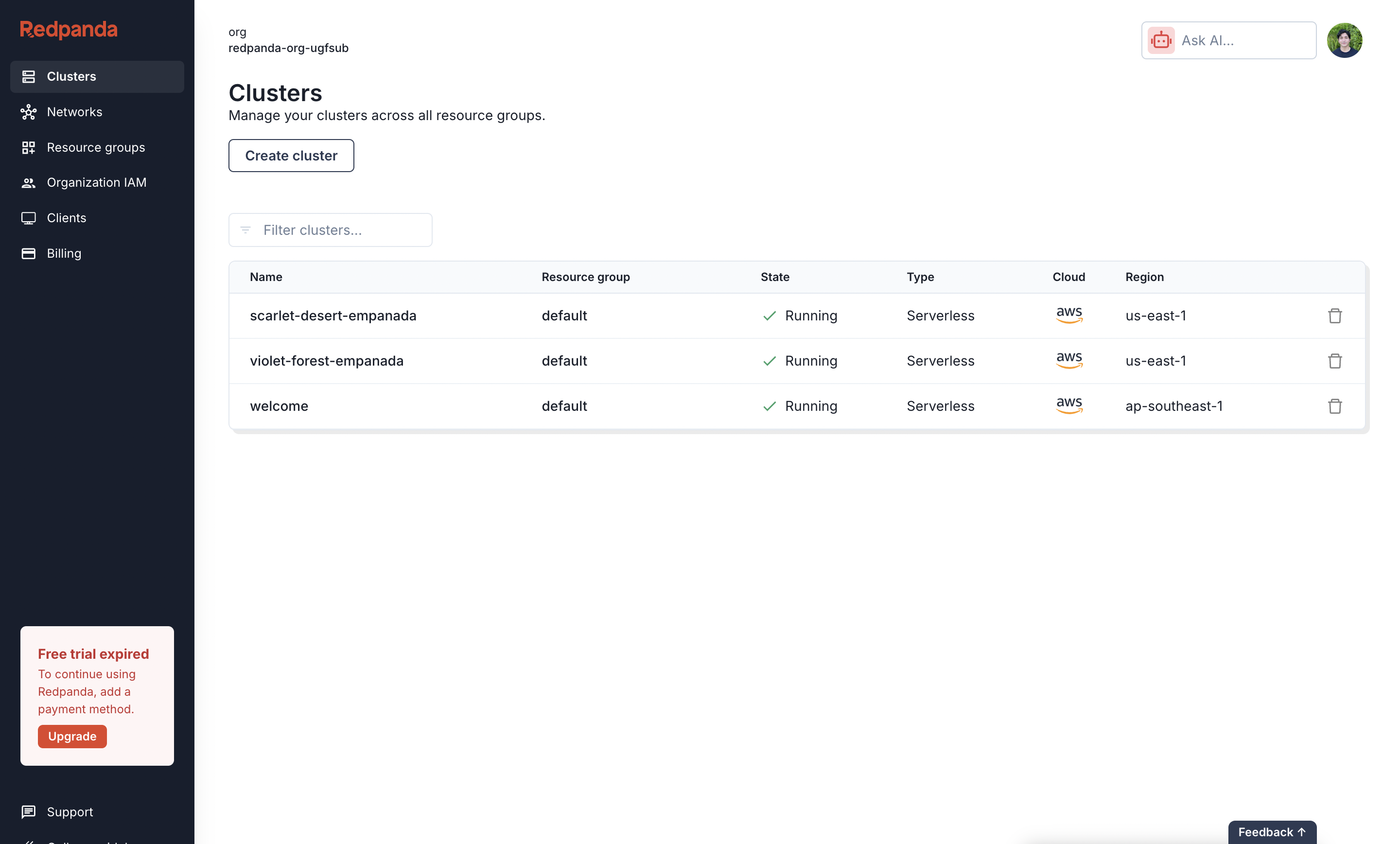Redpanda Cloud Create Serverless cluster page