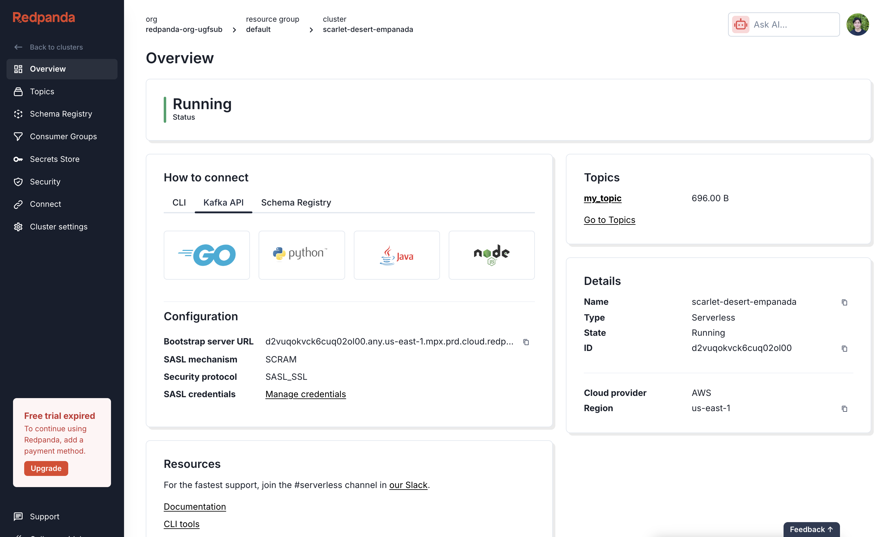 Redpanda Cloud Kafka API tab showing Bootstrap server URL
