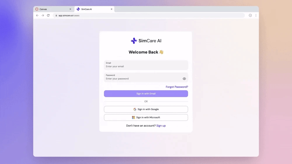 SimCare login page