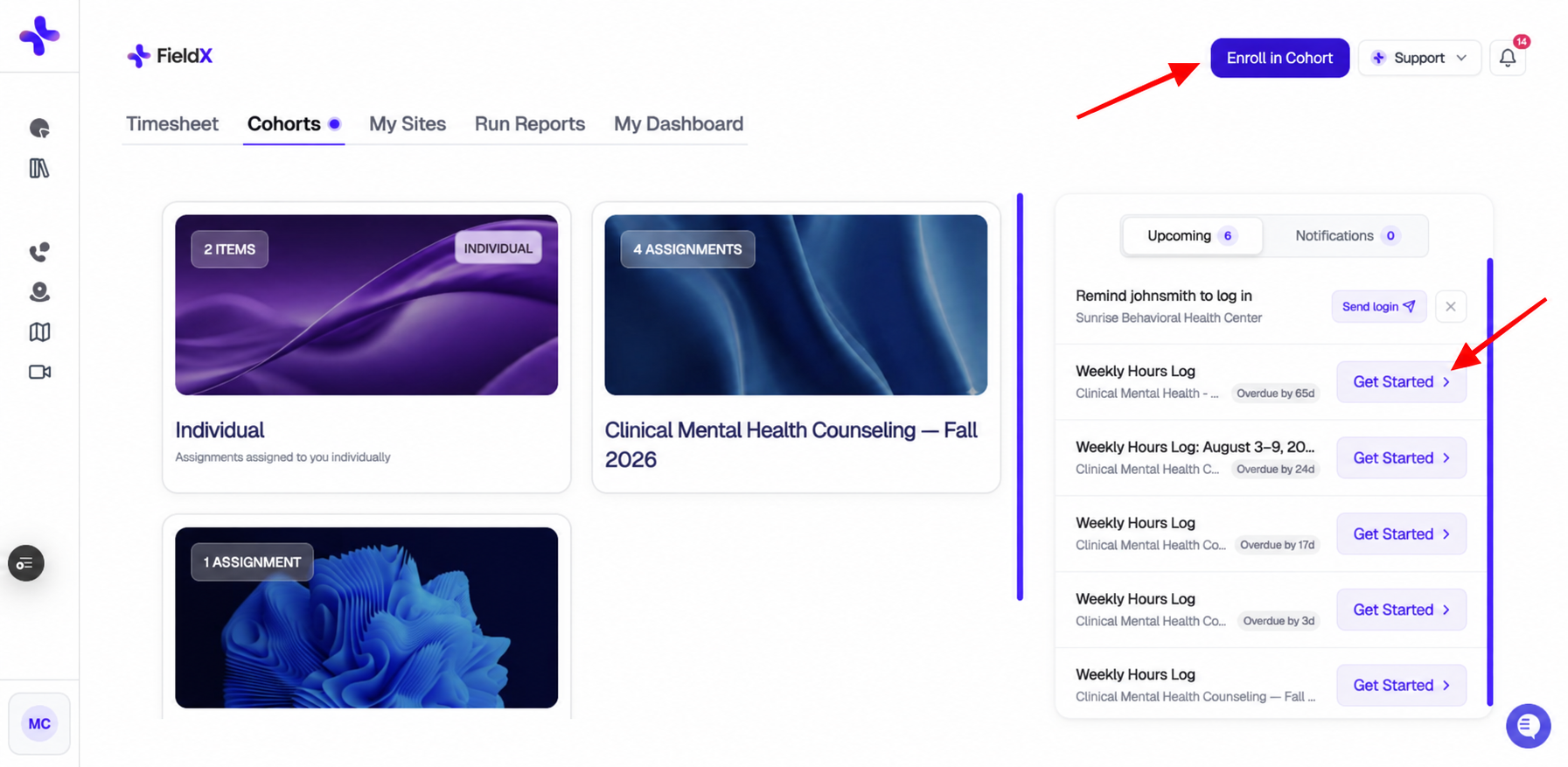 Cohorts tab with red arrows pointing to Enroll in Cohort and Get Started