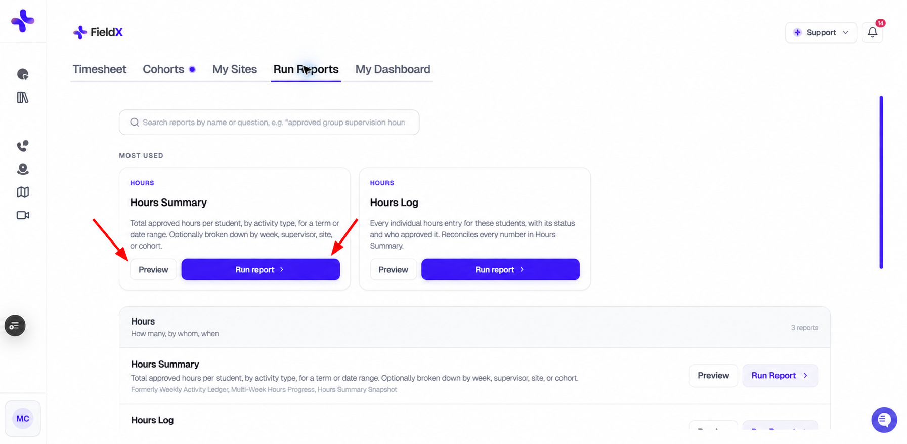 Run Reports tab with red arrows pointing to Preview and Run report for Hours Summary