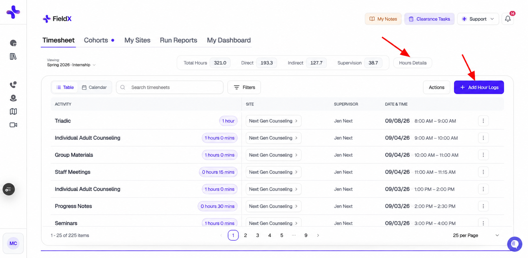 Student FieldX dashboard showing the five main tabs, with arrows to Hours Details and Add Hour Logs