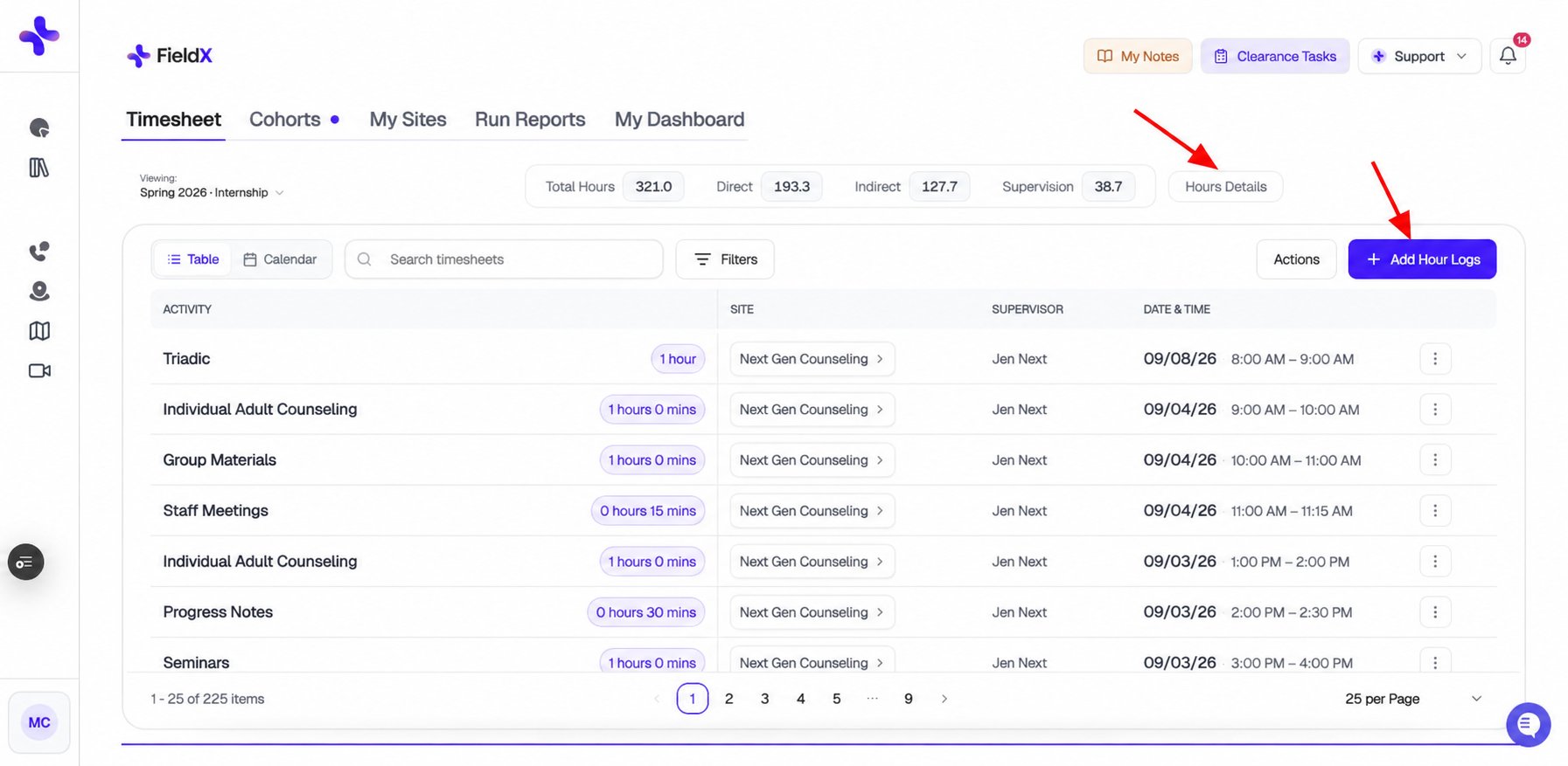 Student FieldX dashboard showing the five main tabs, with arrows to Hours Details and Add Hour Logs