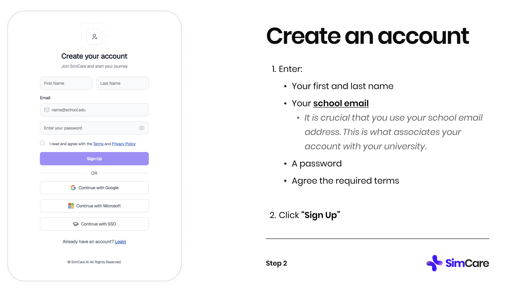 SimCare account creation form with name, school email, and password fields