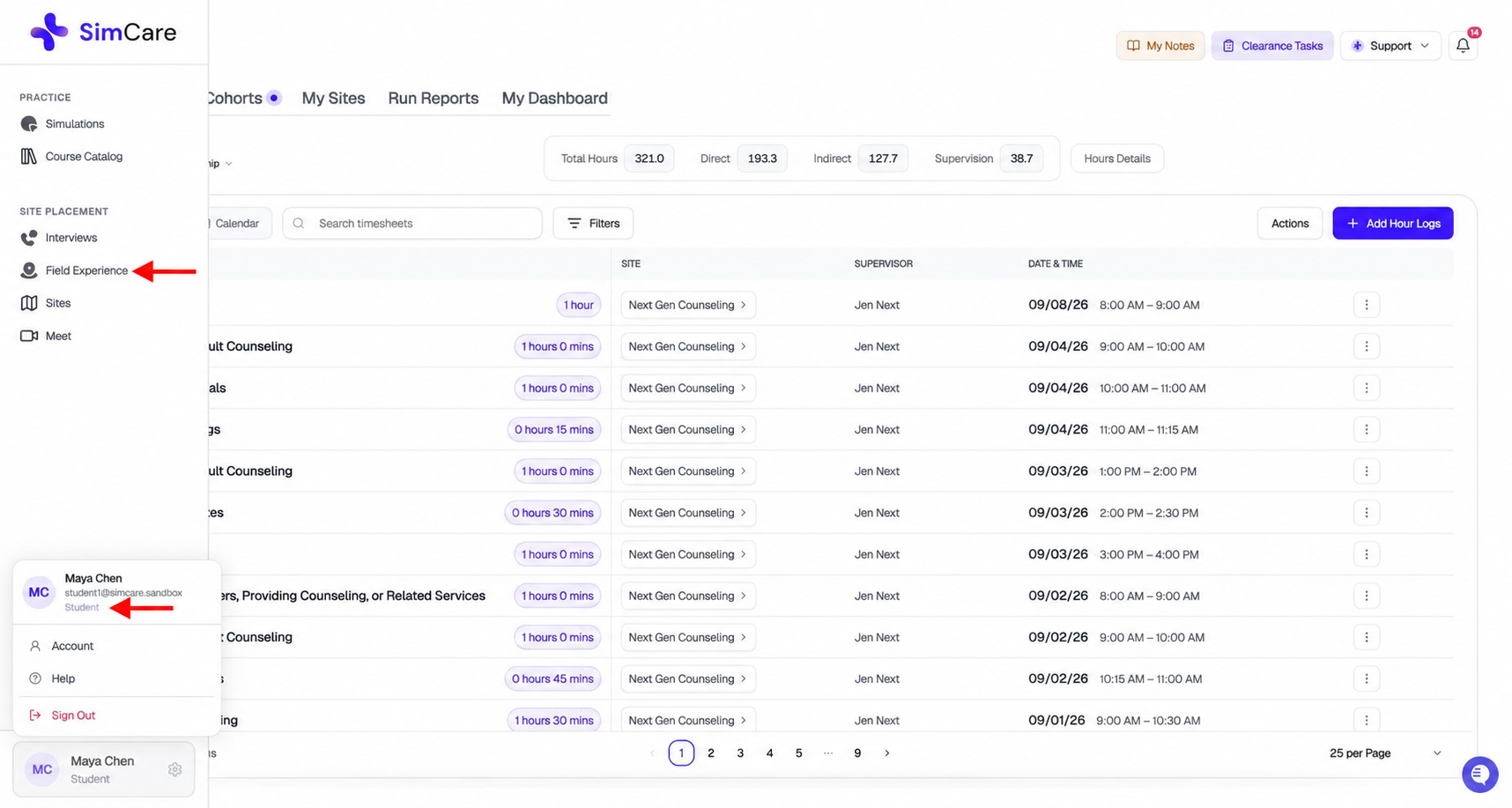 SimCare sidebar with red arrows pointing to Field Experience and the Student role in the account menu