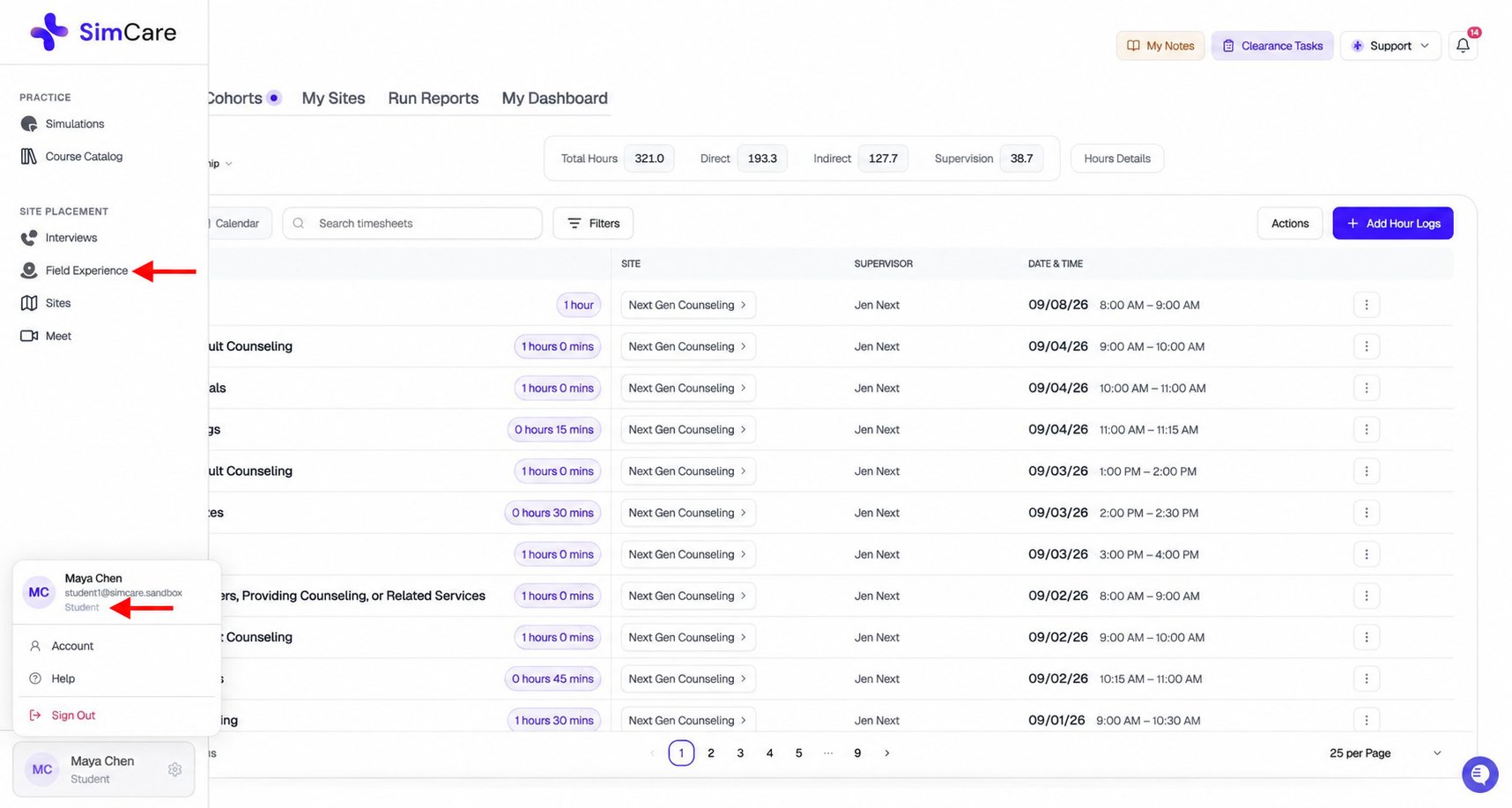 SimCare sidebar with red arrows pointing to Field Experience and the Student role in the account menu