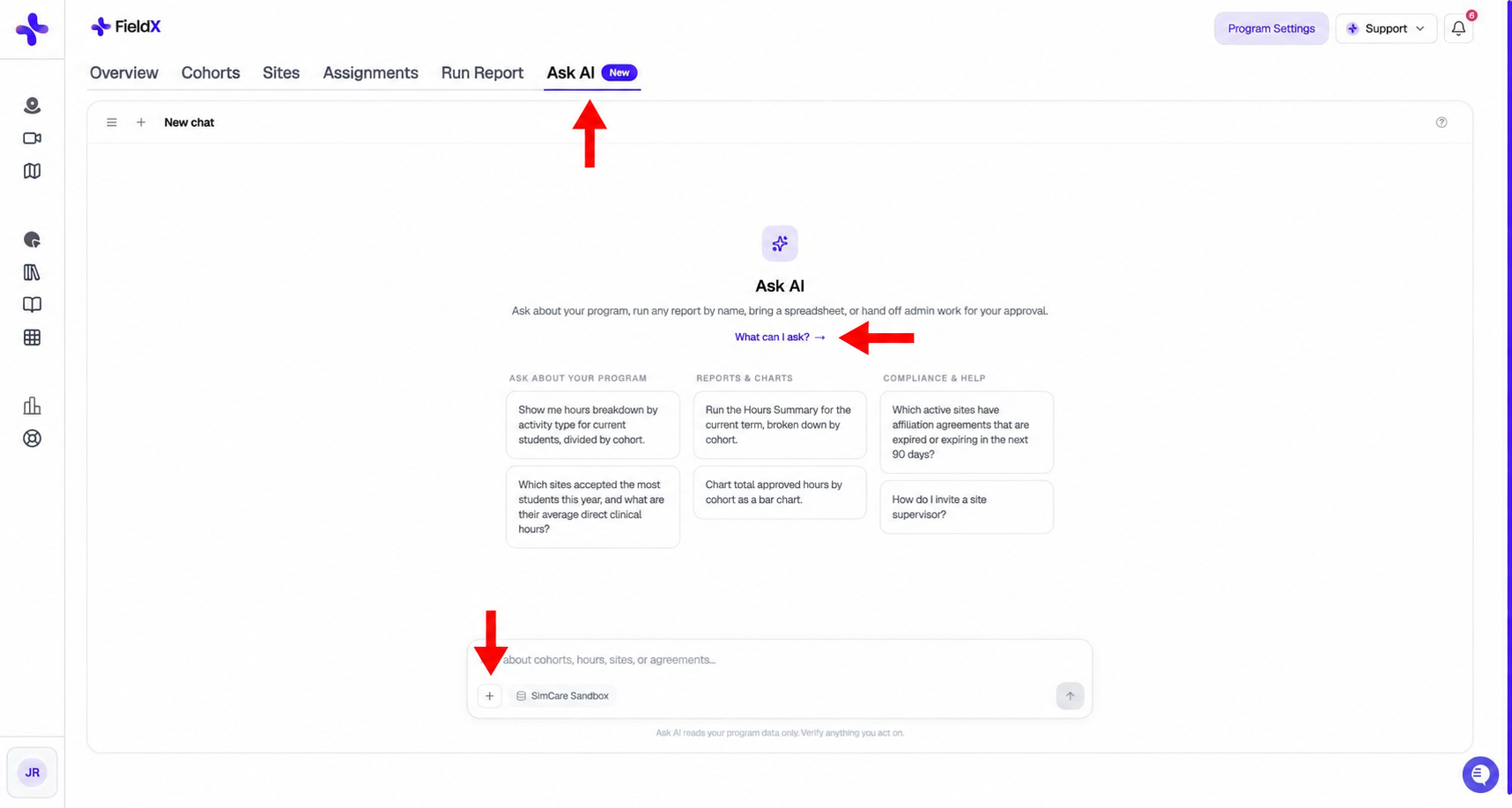 Program Admin Ask AI screen with red arrows marking the tab, What can I ask, and plus menu