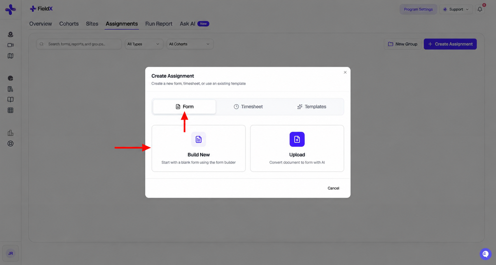 Create Assignment dialog with red arrows pointing to Form and Build New