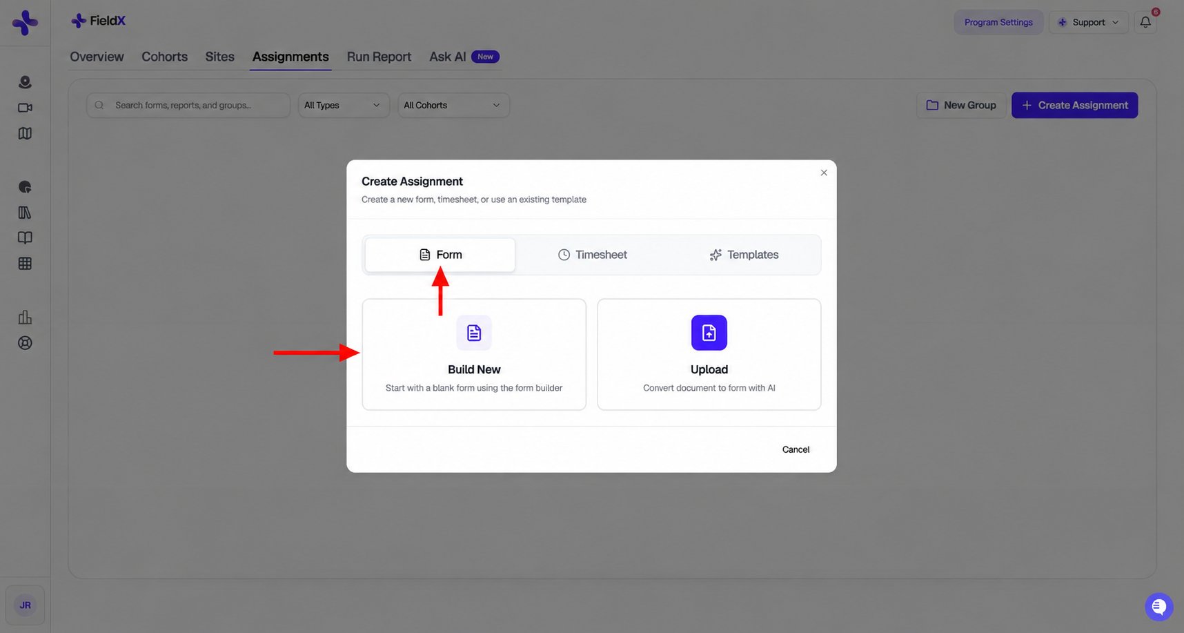 Create Assignment dialog with red arrows pointing to Form and Build New